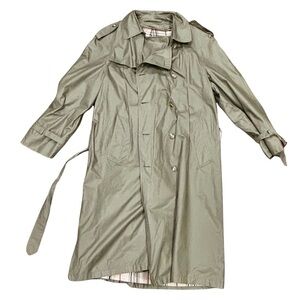 Vintage Olive Green Trench Coat with Belted Waist & Plaid Lining | Size 40 Long